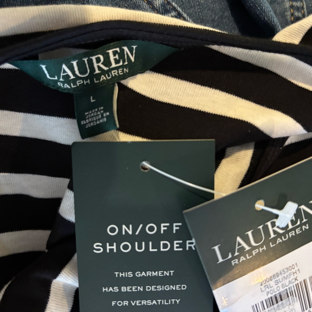 ❗️NWT LAUREN Ralph Lauren Black and White Striped Cotton Blend Blouse Large - Picture 5 of 7